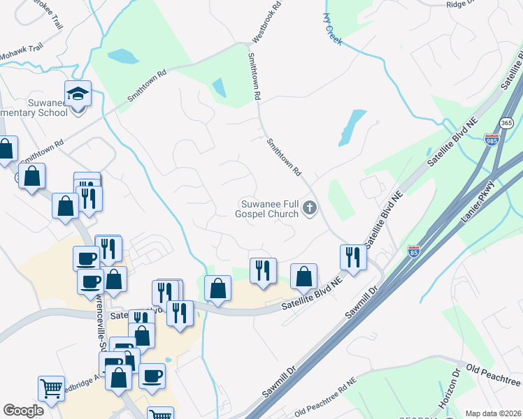 map of restaurants, bars, coffee shops, grocery stores, and more near 130 Morning Glen Drive in Suwanee