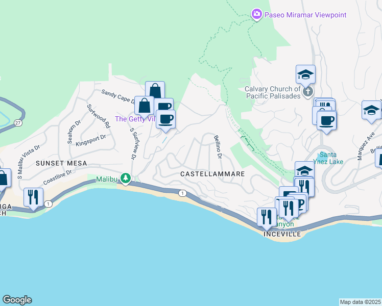map of restaurants, bars, coffee shops, grocery stores, and more near 234 Monte Grigio Drive in Los Angeles