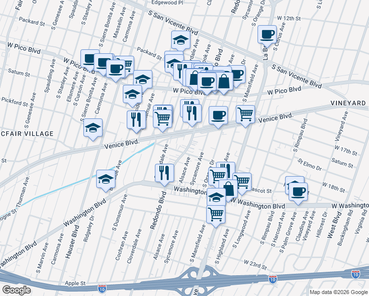 map of restaurants, bars, coffee shops, grocery stores, and more near 1713 Redondo Boulevard in Los Angeles