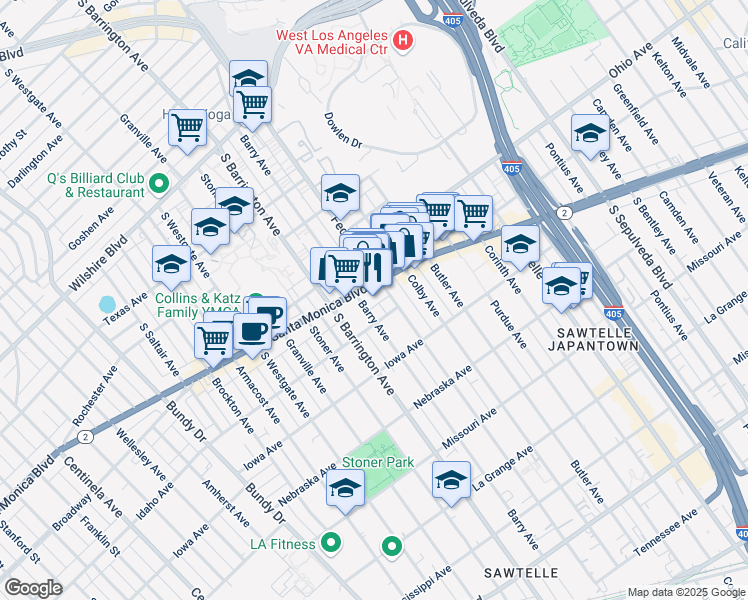map of restaurants, bars, coffee shops, grocery stores, and more near 1621 Federal Avenue in Los Angeles