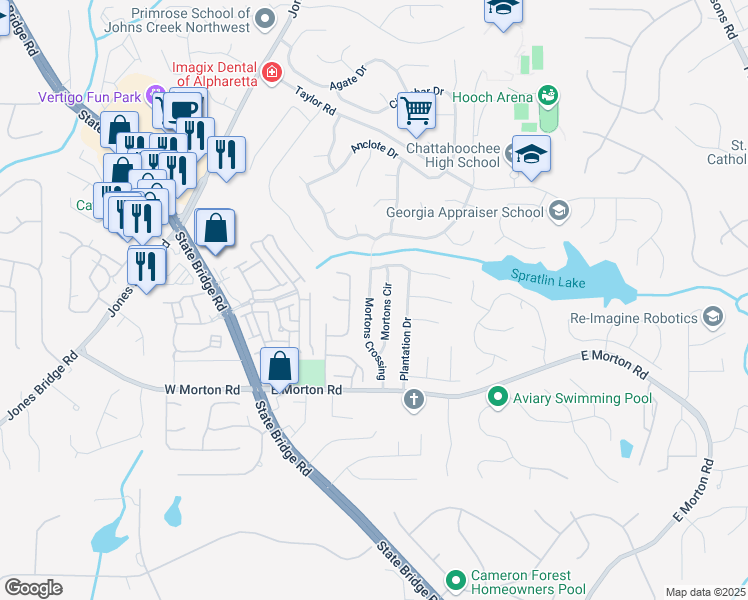 map of restaurants, bars, coffee shops, grocery stores, and more near 10785 Mortons Crossing in Alpharetta