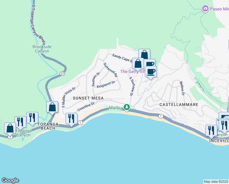 map of restaurants, bars, coffee shops, grocery stores, and more near 18120 Wakecrest Drive in Malibu