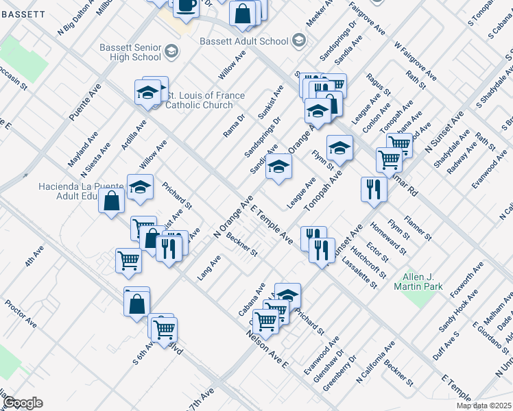 map of restaurants, bars, coffee shops, grocery stores, and more near 14321 Temple Avenue in La Puente