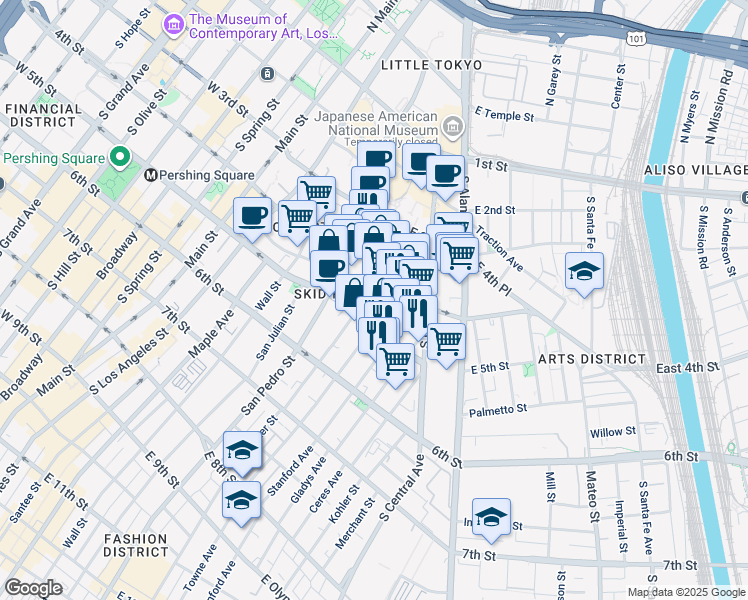 map of restaurants, bars, coffee shops, grocery stores, and more near 432 Crocker Street in Los Angeles