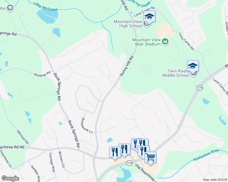 map of restaurants, bars, coffee shops, grocery stores, and more near 2199 Sunny Hill Road in Lawrenceville