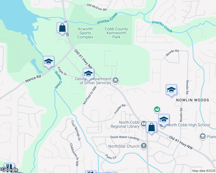 map of restaurants, bars, coffee shops, grocery stores, and more near 3600 Darcy Court in Kennesaw