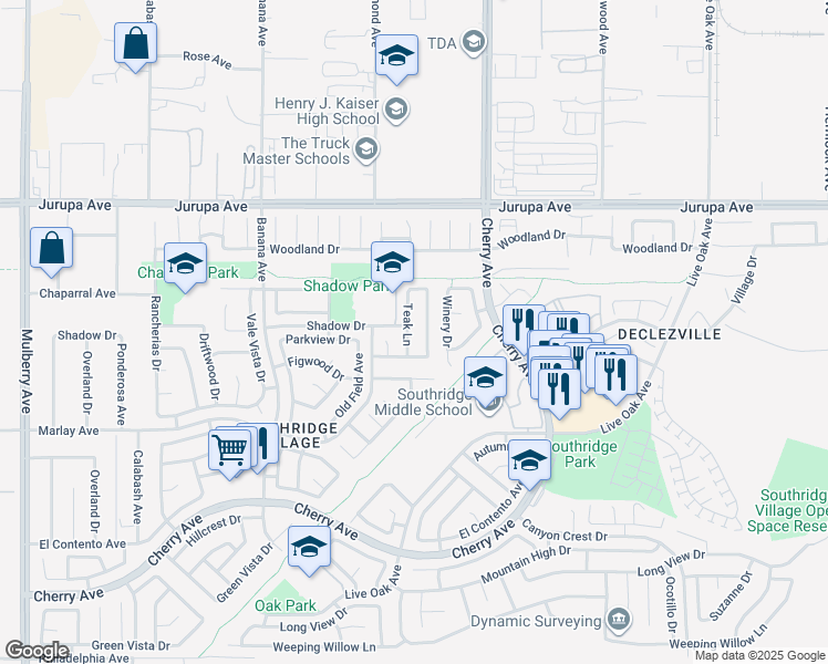map of restaurants, bars, coffee shops, grocery stores, and more near 11509 Teak Lane in Fontana