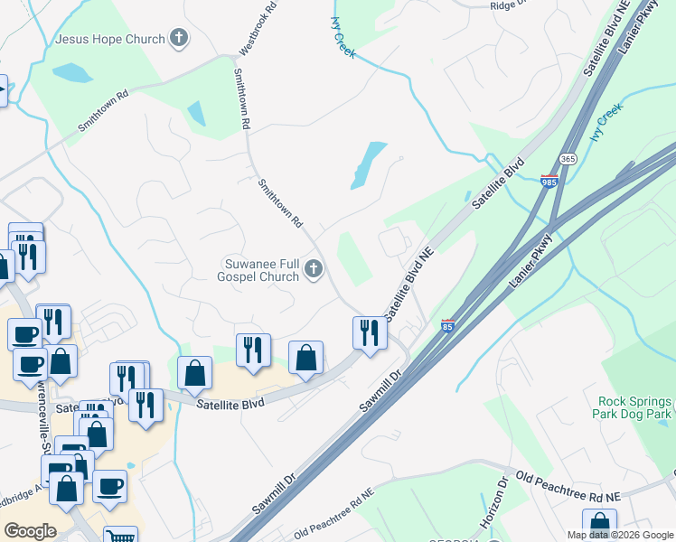 map of restaurants, bars, coffee shops, grocery stores, and more near 3249 Smithtown Road in Suwanee