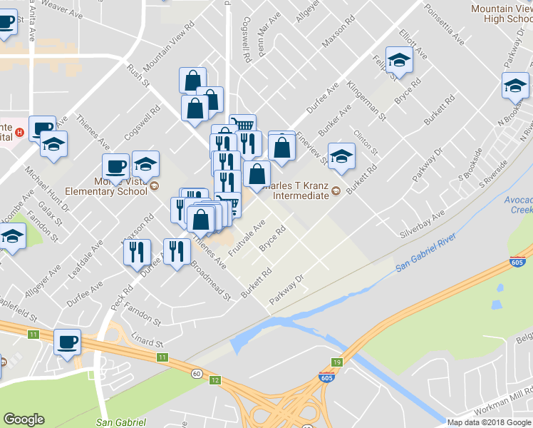 map of restaurants, bars, coffee shops, grocery stores, and more near 1949 Fruitvale Avenue in El Monte