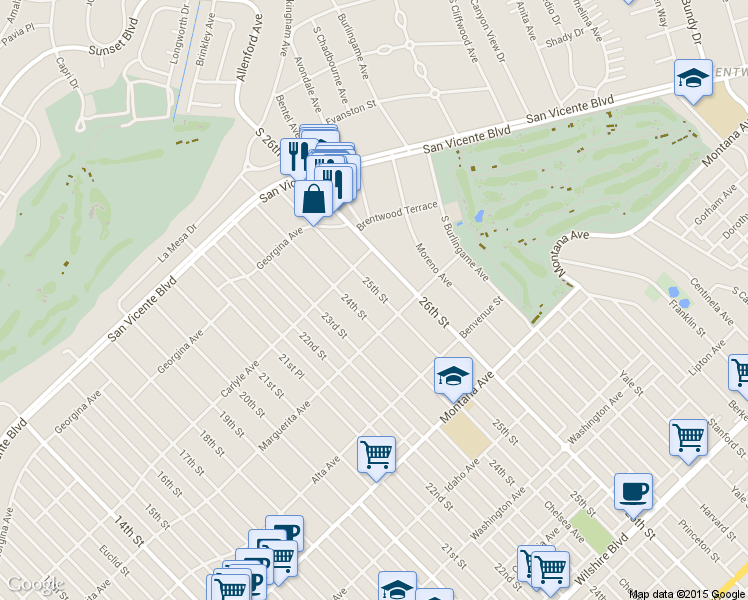 map of restaurants, bars, coffee shops, grocery stores, and more near 444 25th Street in Santa Monica