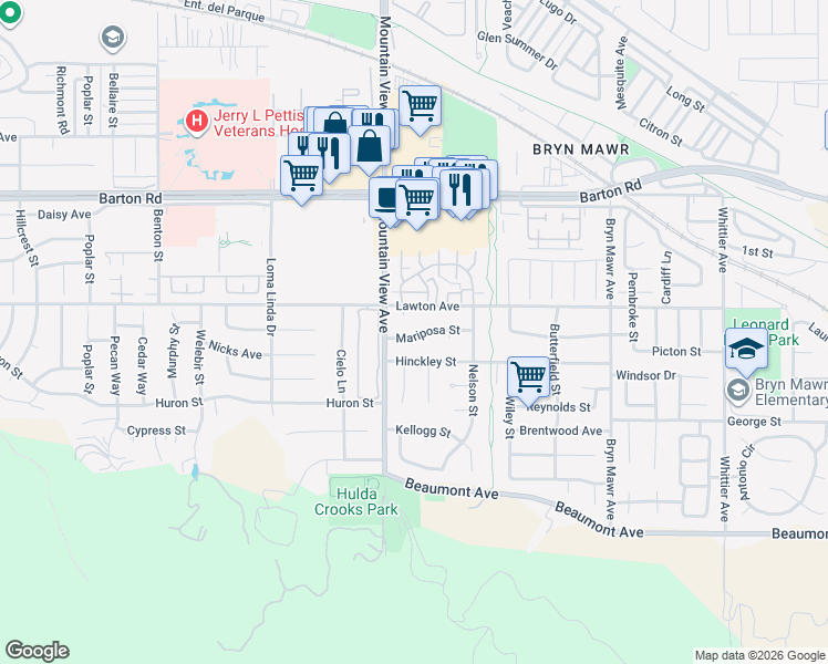 map of restaurants, bars, coffee shops, grocery stores, and more near 25728 Mariposa Street in Loma Linda