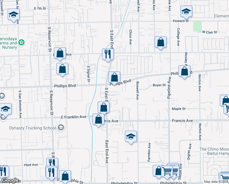 map of restaurants, bars, coffee shops, grocery stores, and more near 3747 Phillips Boulevard in Chino