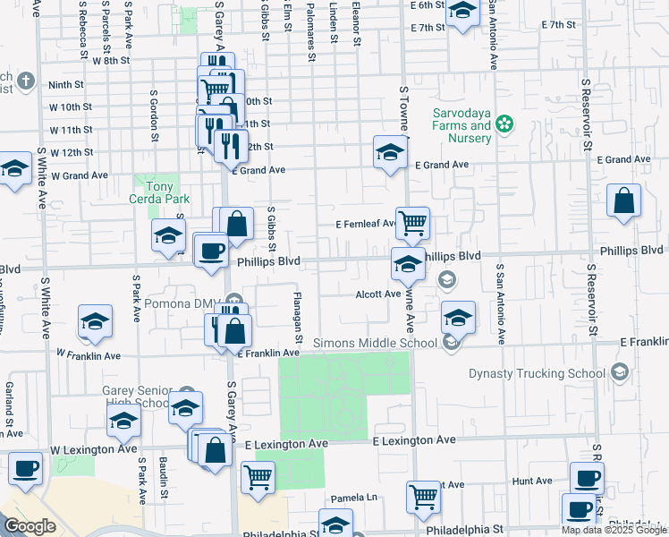 map of restaurants, bars, coffee shops, grocery stores, and more near 586 East Phillips Boulevard in Pomona