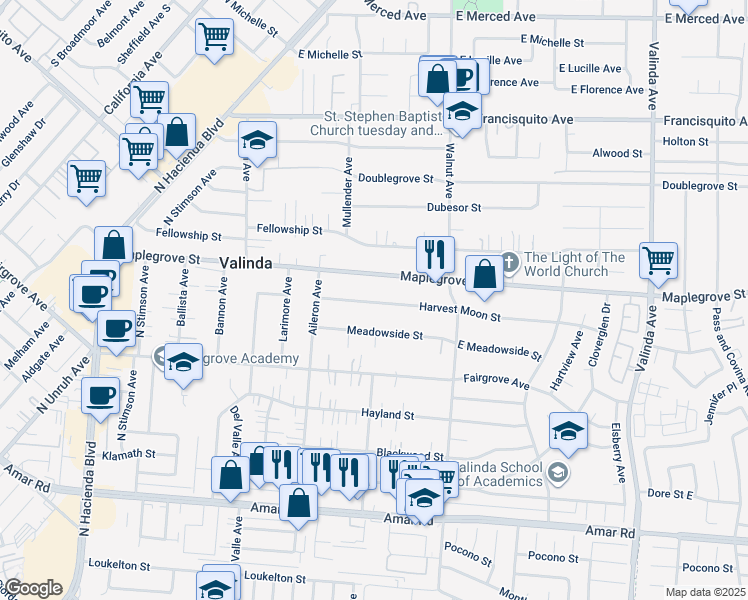map of restaurants, bars, coffee shops, grocery stores, and more near 15873 Harvest Moon Street in La Puente