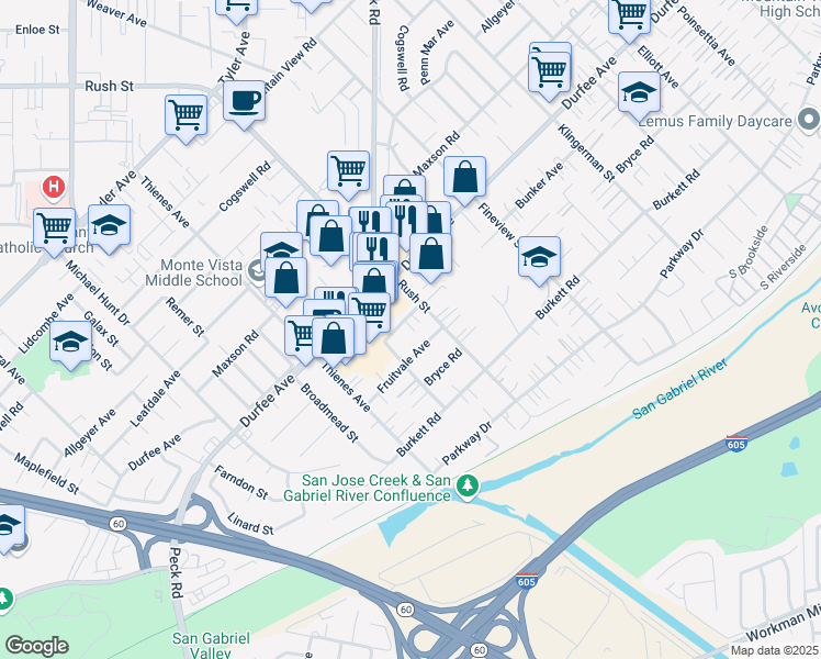 map of restaurants, bars, coffee shops, grocery stores, and more near 1936 Bunker Avenue in El Monte
