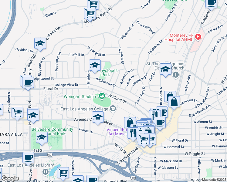 map of restaurants, bars, coffee shops, grocery stores, and more near 1501 College View Drive in Monterey Park