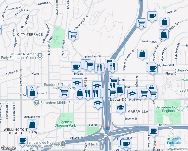 map of restaurants, bars, coffee shops, grocery stores, and more near 622 North Humphreys Avenue in East Los Angeles