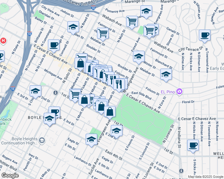 map of restaurants, bars, coffee shops, grocery stores, and more near 348 North Savannah Street in Los Angeles