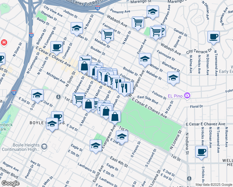 map of restaurants, bars, coffee shops, grocery stores, and more near 348 North Savannah Street in Los Angeles