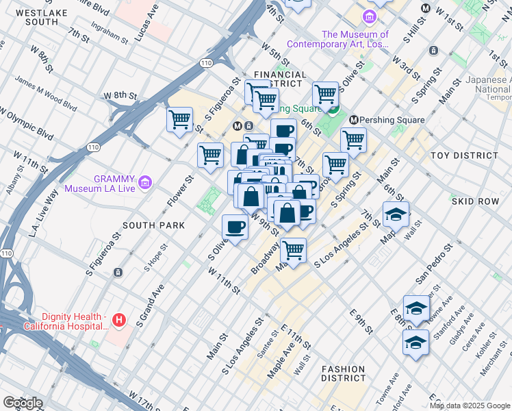 map of restaurants, bars, coffee shops, grocery stores, and more near 834 South Olive Street in Los Angeles