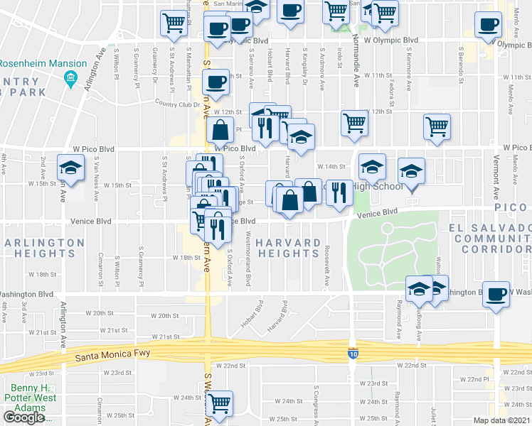 map of restaurants, bars, coffee shops, grocery stores, and more near 1564 South Hobart Boulevard in Los Angeles
