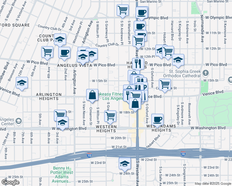 map of restaurants, bars, coffee shops, grocery stores, and more near 1546 South Gramercy Place in Los Angeles