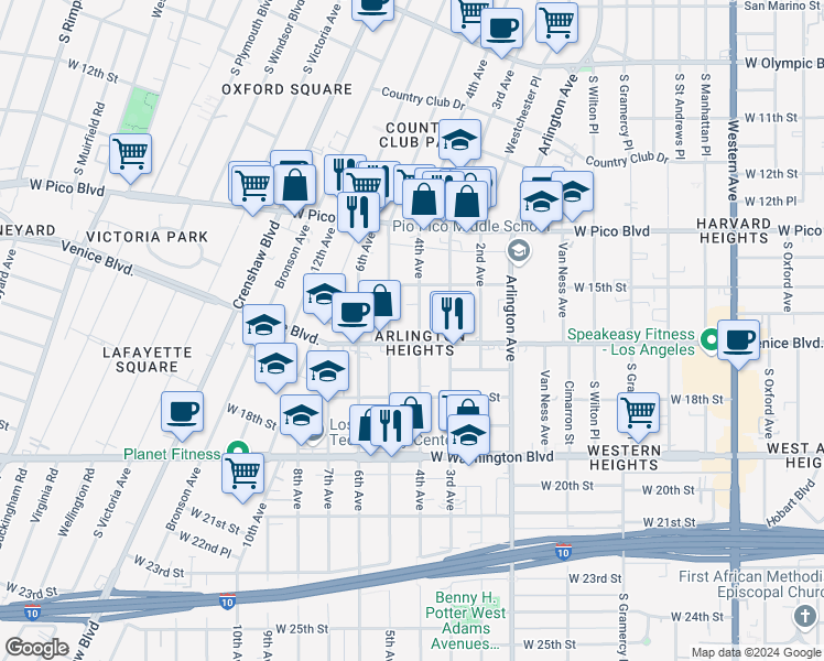 map of restaurants, bars, coffee shops, grocery stores, and more near in Los Angeles