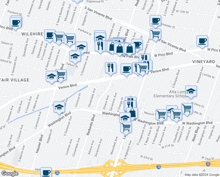 map of restaurants, bars, coffee shops, grocery stores, and more near 1707 South Sycamore Avenue in Los Angeles