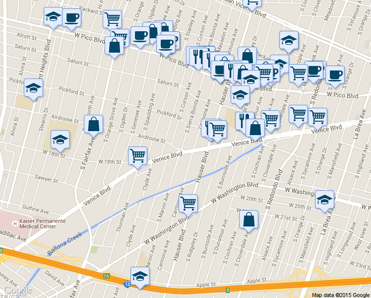 map of restaurants, bars, coffee shops, grocery stores, and more near 5633 Venice Boulevard in Los Angeles