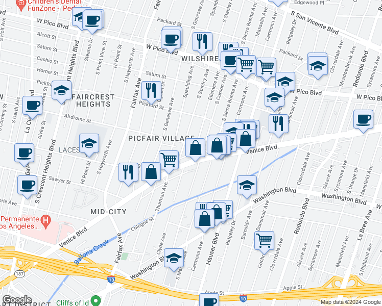 map of restaurants, bars, coffee shops, grocery stores, and more near 1726 South Stanley Avenue in Los Angeles
