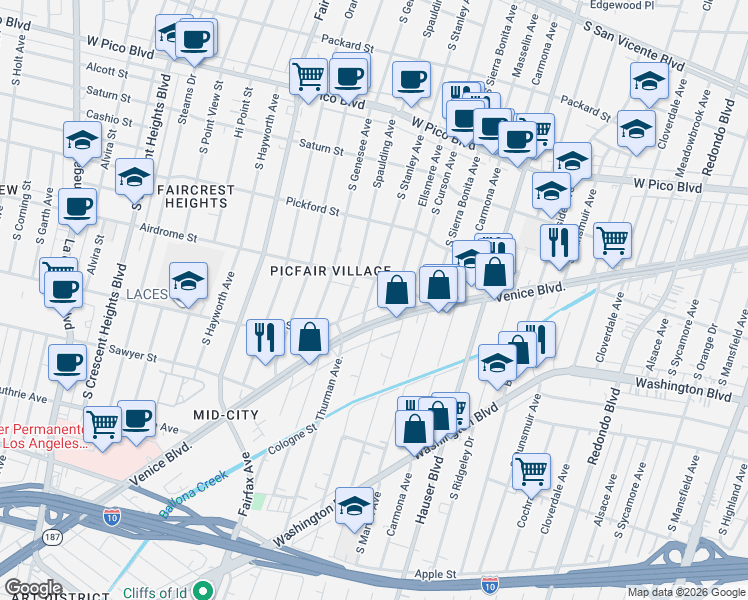 map of restaurants, bars, coffee shops, grocery stores, and more near 1726 South Stanley Avenue in Los Angeles