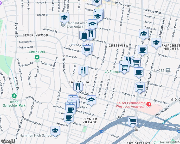 map of restaurants, bars, coffee shops, grocery stores, and more near 1911 Preuss Road in Los Angeles