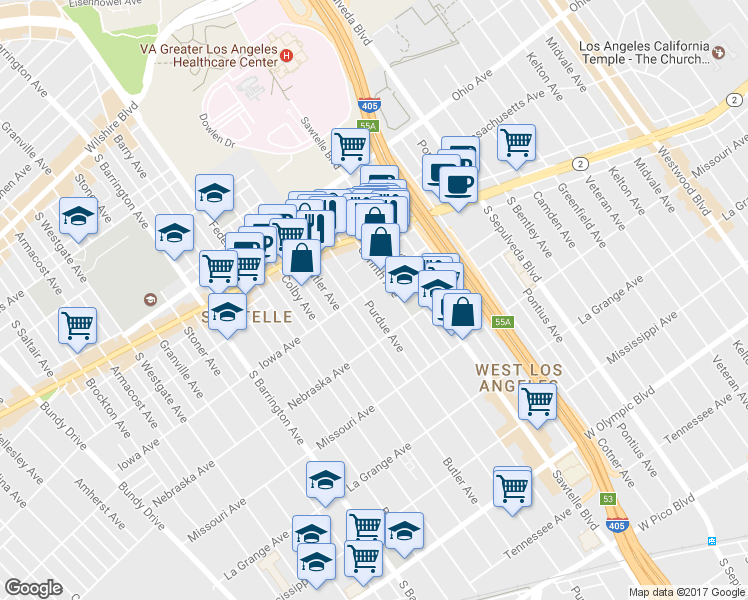 map of restaurants, bars, coffee shops, grocery stores, and more near 11360 Iowa Avenue in Los Angeles