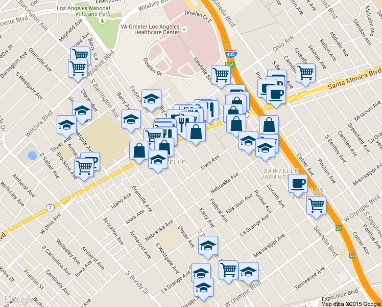 map of restaurants, bars, coffee shops, grocery stores, and more near 1652 Colby Avenue in Los Angeles
