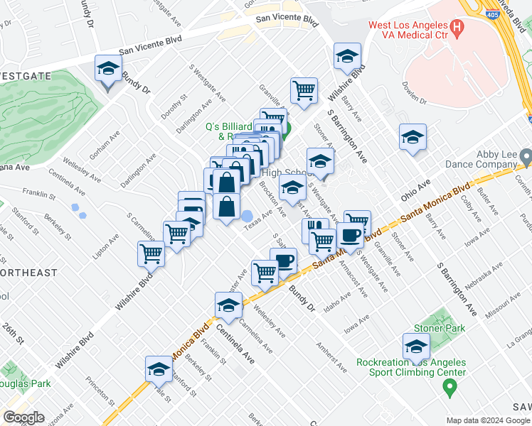 map of restaurants, bars, coffee shops, grocery stores, and more near 1301 Brockton Avenue in Los Angeles
