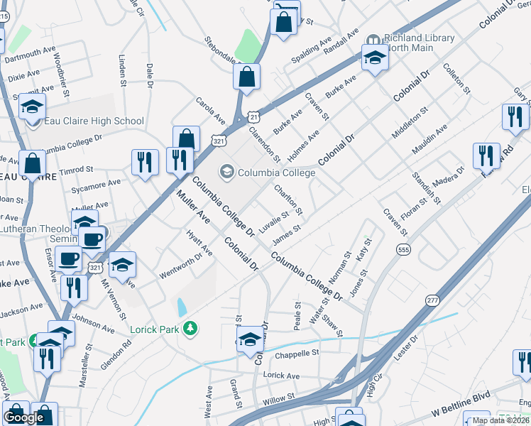 map of restaurants, bars, coffee shops, grocery stores, and more near 1512 Cleveland Street in Columbia