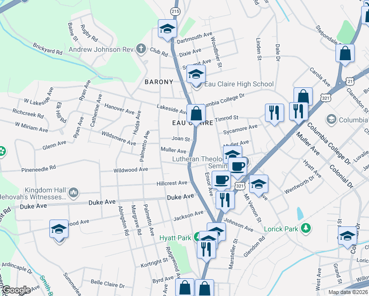 map of restaurants, bars, coffee shops, grocery stores, and more near 4403 Monticello Road in Columbia