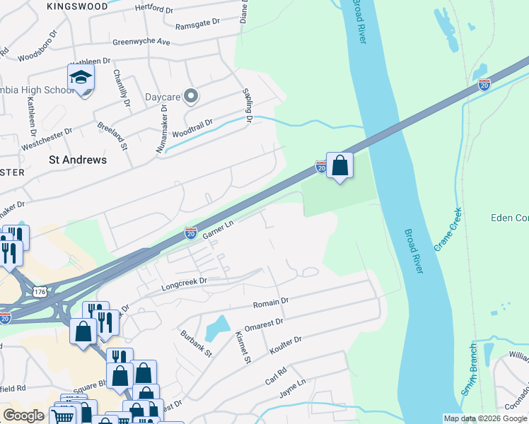 map of restaurants, bars, coffee shops, grocery stores, and more near 1728 Devonwood Drive in Columbia