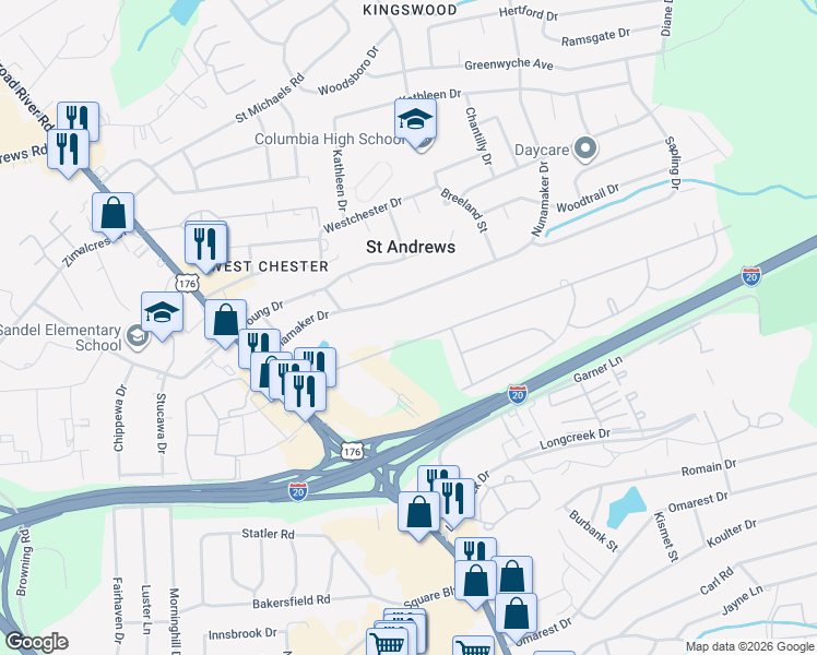 map of restaurants, bars, coffee shops, grocery stores, and more near 1519 Marley Drive in Columbia