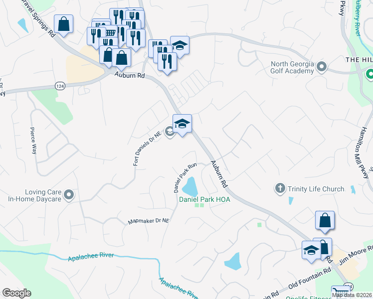 map of restaurants, bars, coffee shops, grocery stores, and more near 1725 Auburn Road in Dacula