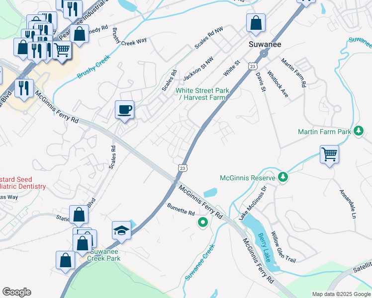 map of restaurants, bars, coffee shops, grocery stores, and more near 3343 Acorn Harvest Lane in Suwanee