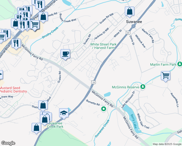 map of restaurants, bars, coffee shops, grocery stores, and more near 1273 Harvest Park Lane in Suwanee