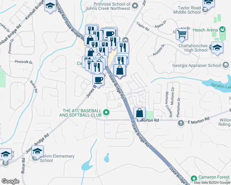 map of restaurants, bars, coffee shops, grocery stores, and more near 107 Cameron Bridge Way in Johns Creek