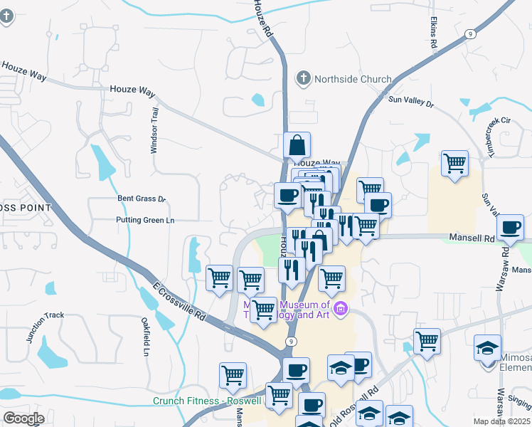 map of restaurants, bars, coffee shops, grocery stores, and more near 2005 Goldenrod Road in Roswell
