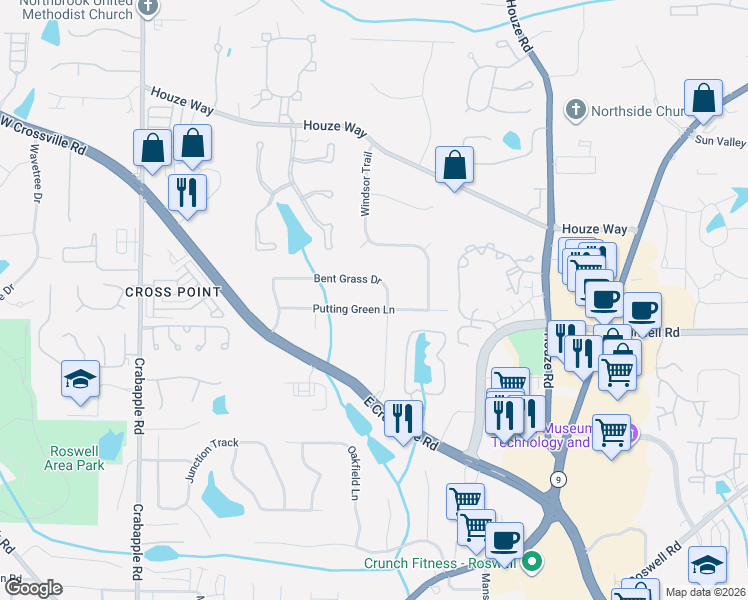 map of restaurants, bars, coffee shops, grocery stores, and more near 290 Putting Green Lane in Roswell