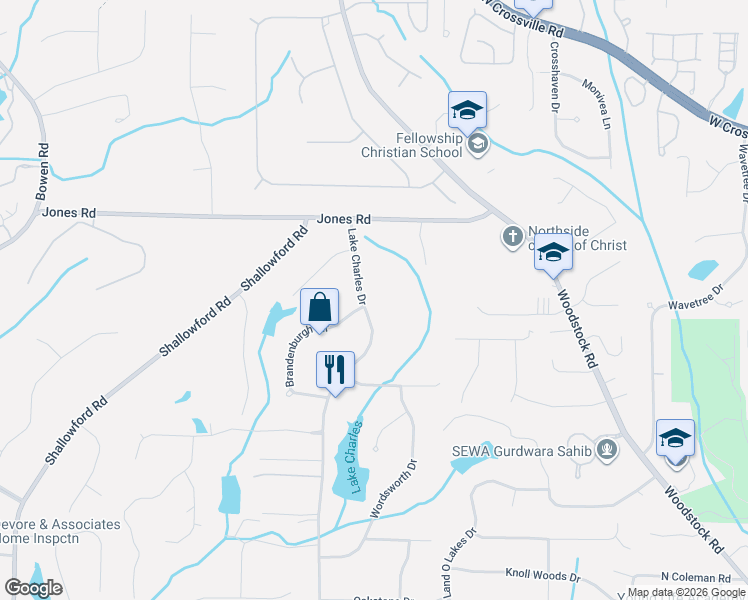 map of restaurants, bars, coffee shops, grocery stores, and more near 1285 Lake Charles Drive in Roswell