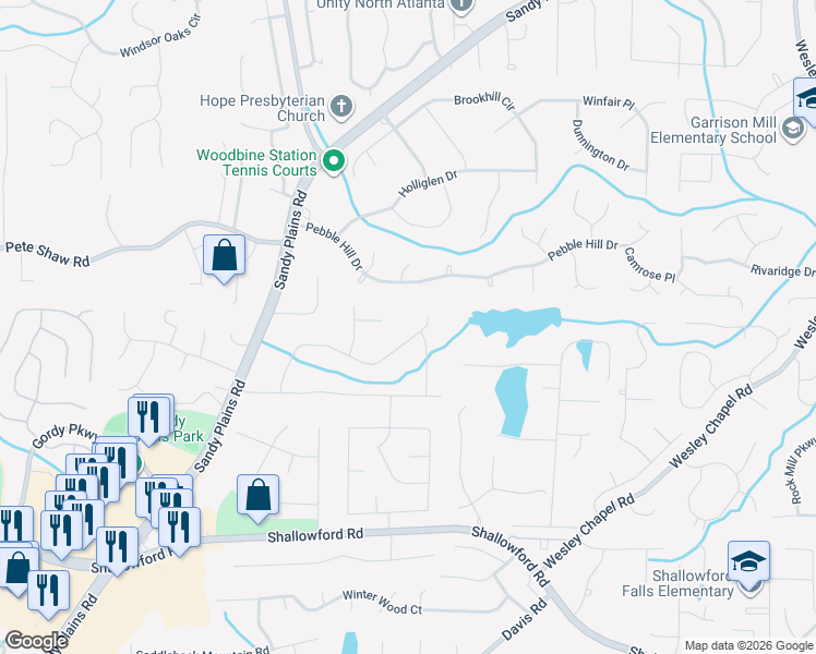 map of restaurants, bars, coffee shops, grocery stores, and more near 3399 Mountain Hollow Drive in Marietta