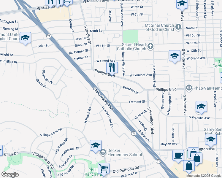 map of restaurants, bars, coffee shops, grocery stores, and more near 1390 Prospect Drive in Pomona