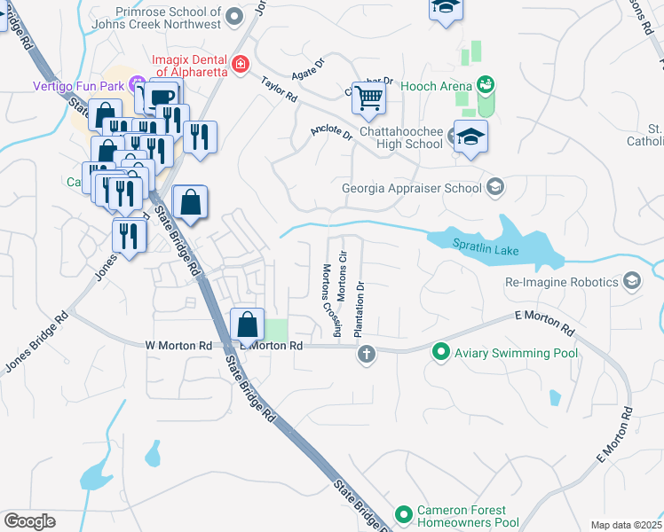 map of restaurants, bars, coffee shops, grocery stores, and more near 10785 Mortons Crossing in Alpharetta