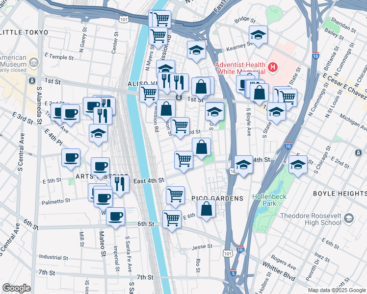 map of restaurants, bars, coffee shops, grocery stores, and more near 1410 Boyd Street in Los Angeles
